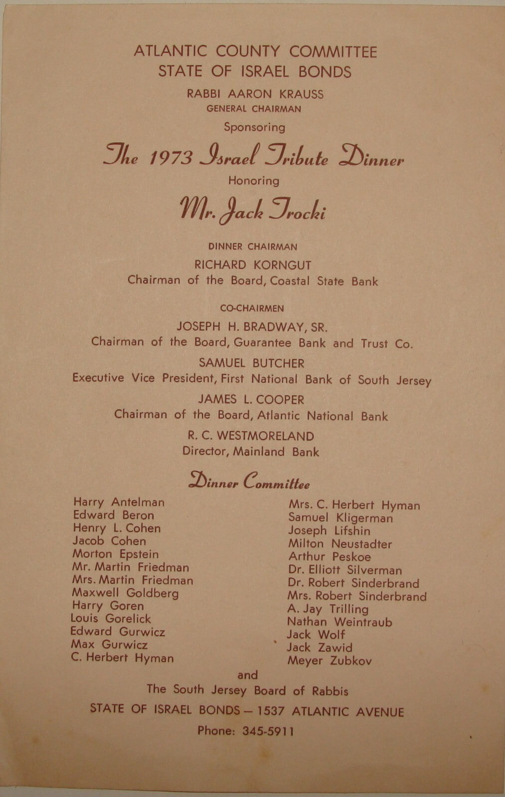 Jewish American Judaica 1973 Atlantic County Committee Israel Bonds Dinner