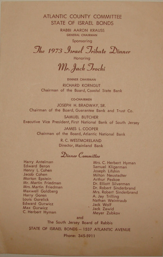 Jewish American Judaica 1973 Atlantic County Committee Israel Bonds Dinner