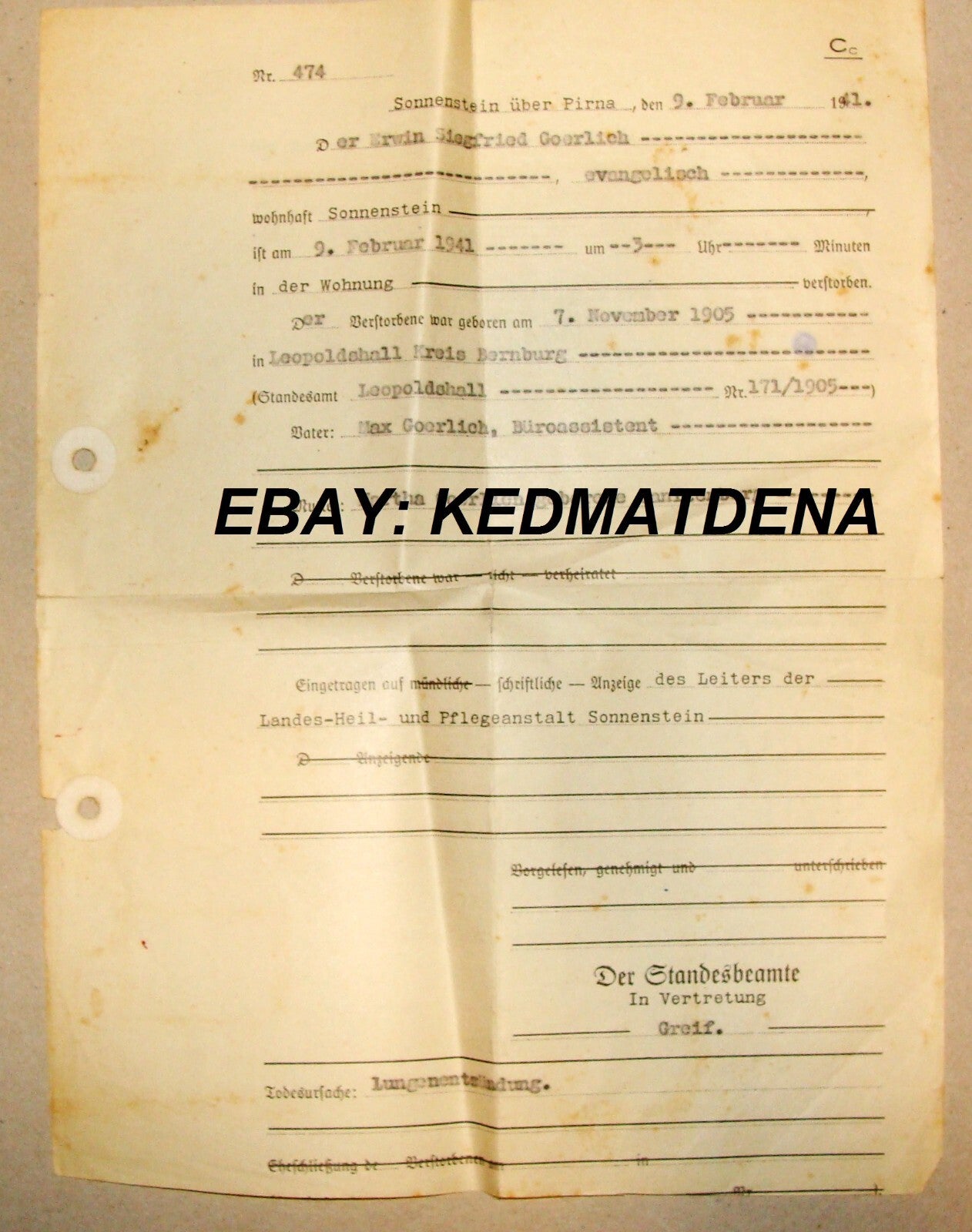 Germany Nazi Sonnenstein Pirna Death Certificate Jewish GOERLICH SANFTENBERG 41'