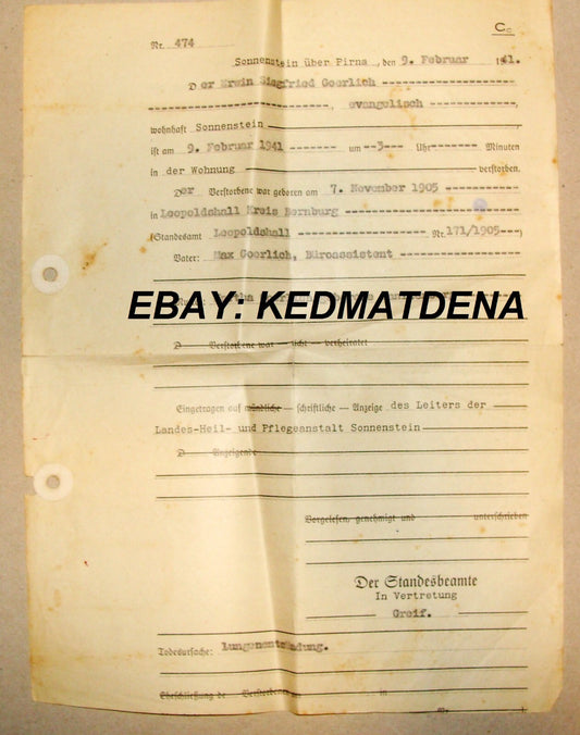 Germany Nazi Sonnenstein Pirna Death Certificate Jewish GOERLICH SANFTENBERG 41'