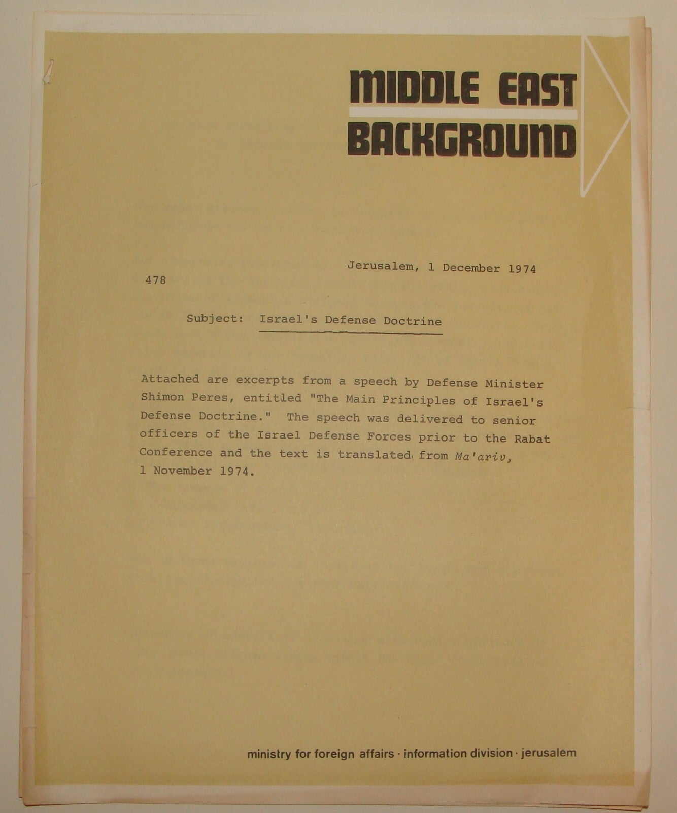 Pol Jewish Israel Israeli Government Foreign Affairs SHIMON PERES Speech 1974