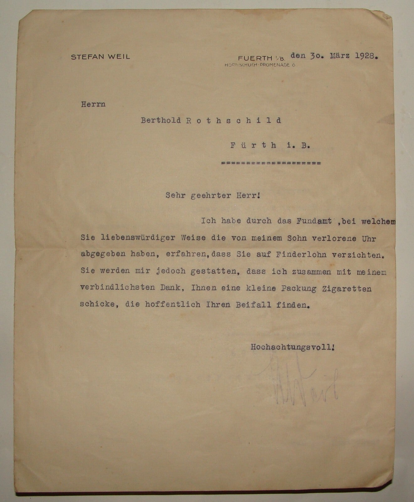 Germany Letter Jewish Judaica 1928 German   Fuerth Furth Stefan Weil