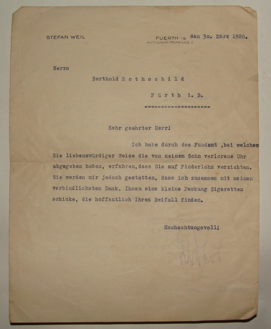 Germany Letter Jewish Judaica 1928 German   Fuerth Furth Stefan Weil