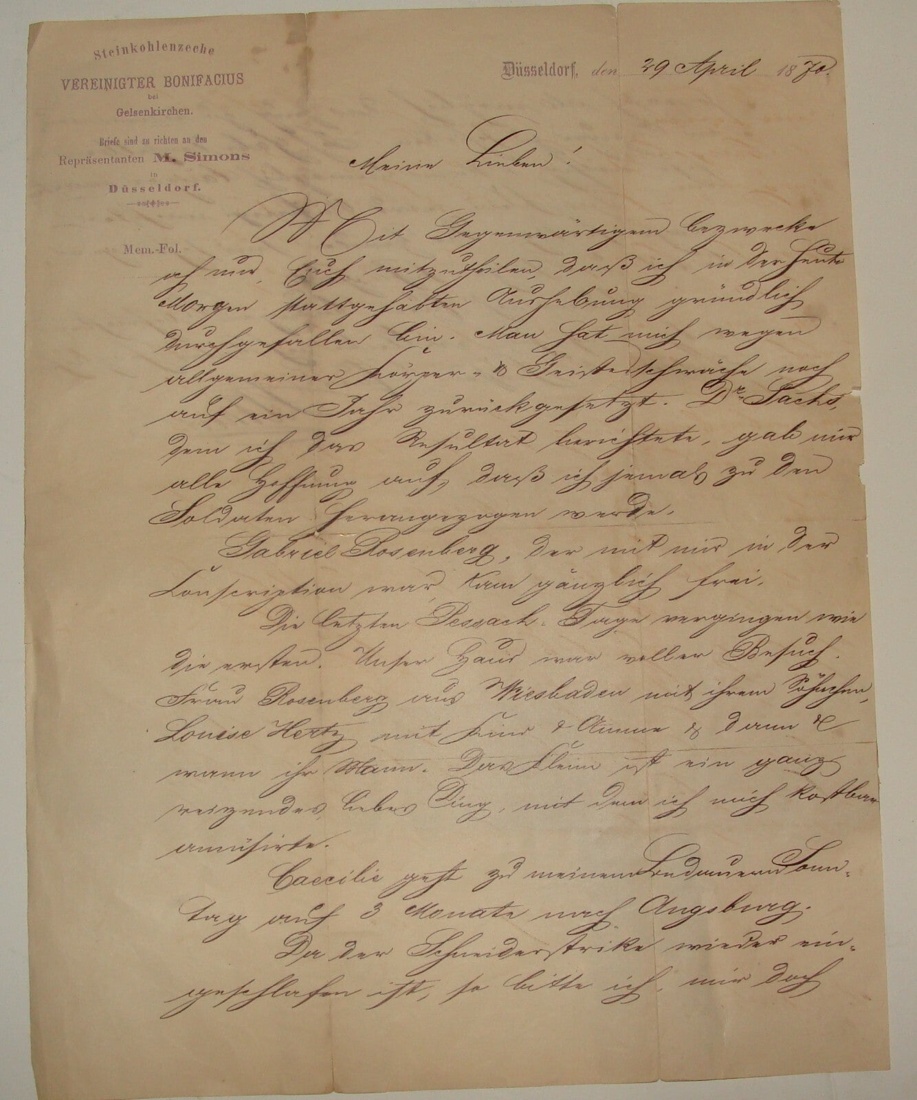 Germany 1870   steinkohlenzeche vereinigter bonifacius Letter Zeche Dusseldorf