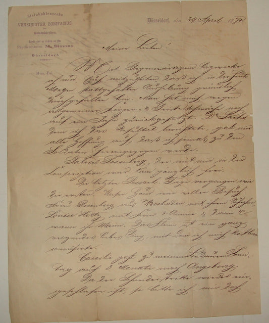 Germany 1870   steinkohlenzeche vereinigter bonifacius Letter Zeche Dusseldorf
