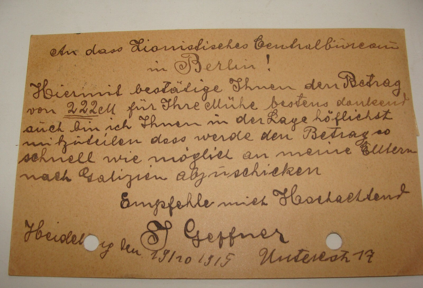Germany Letter Jewish Judaica 1915 WW1 German   Berlin Zionist Bureau Heidelberg
