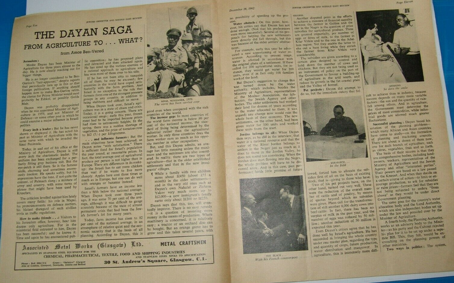 Newspaper Jewish observer israel israeli Moshe Dayan middle east review ad 1962