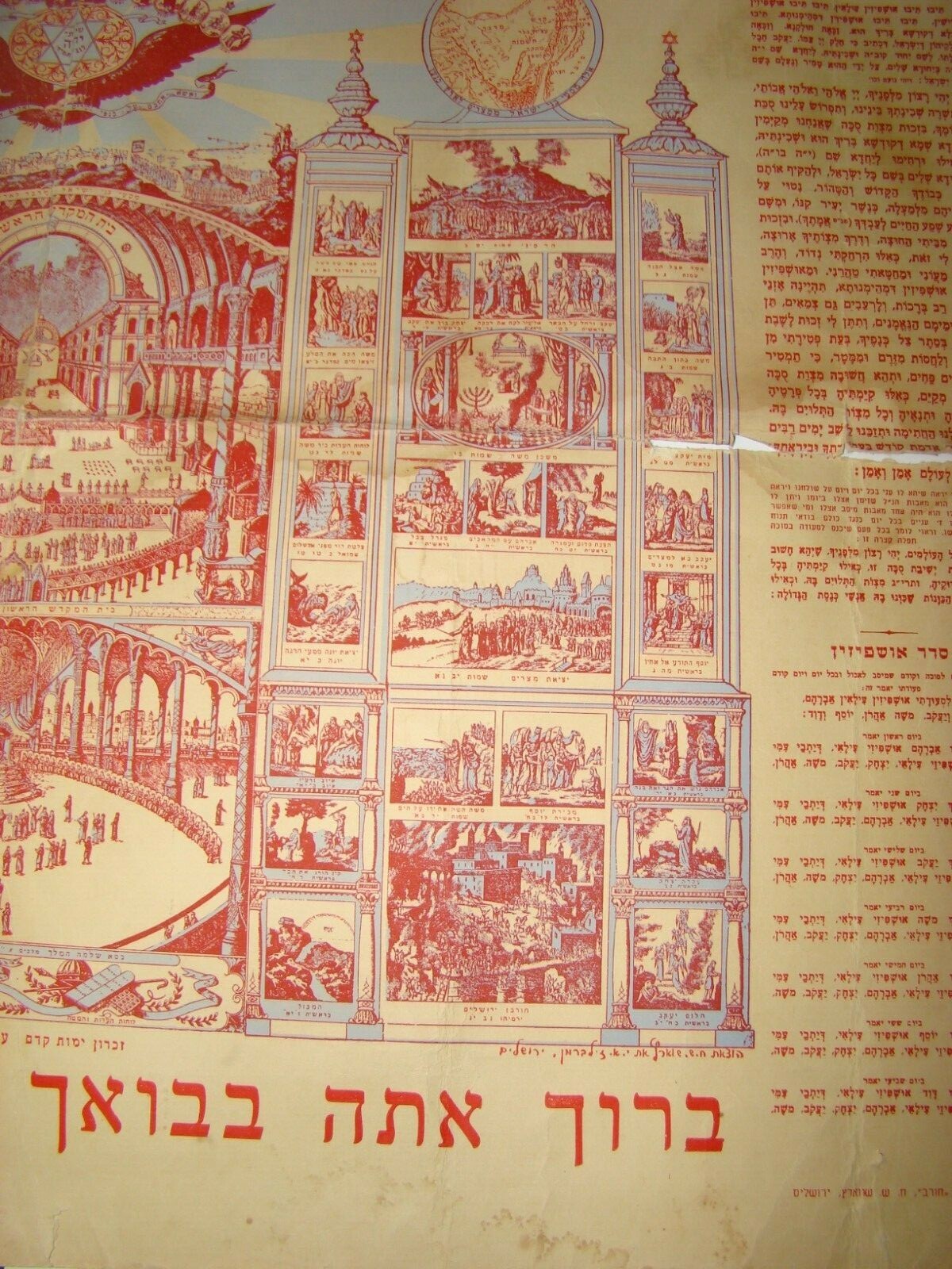 poster Jewish Judaica Jerusalem Sukkot prayers big with biblical bible drawings