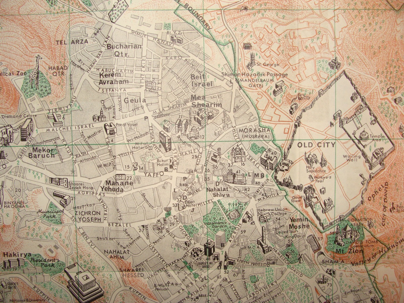 Map Jewish National Fund 1963 Israel Hebrew JERUSALEM Pre Six Day War Guide