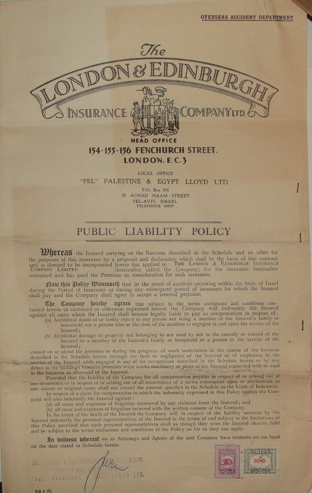 1950s The London Edinburgh Insurance Company Policy Palestine Egypt Lloyd Israel