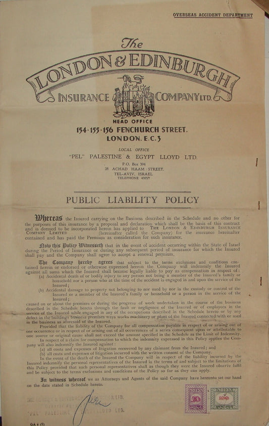 1950s The London Edinburgh Insurance Company Policy Palestine Egypt Lloyd Israel
