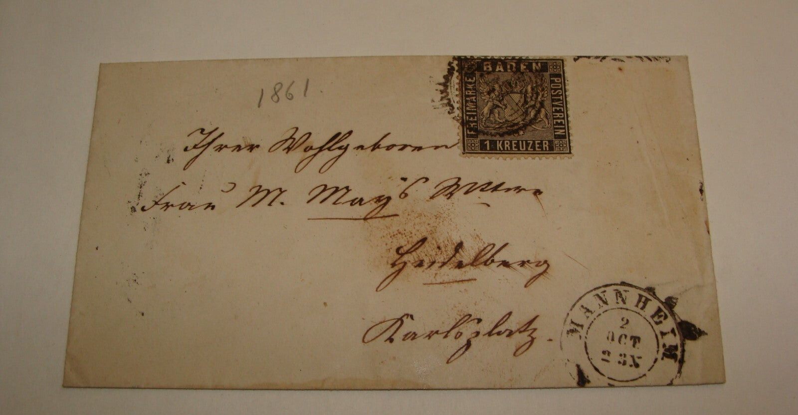 Germany   BADEN 1860s 1 Kreuzer Stamp Cover Mannheim