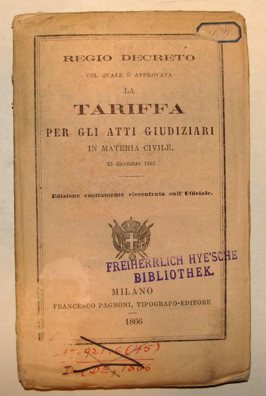 Antique 1866 Italy Italian Milano TARIFFA Book Court Judicial Guide Civil