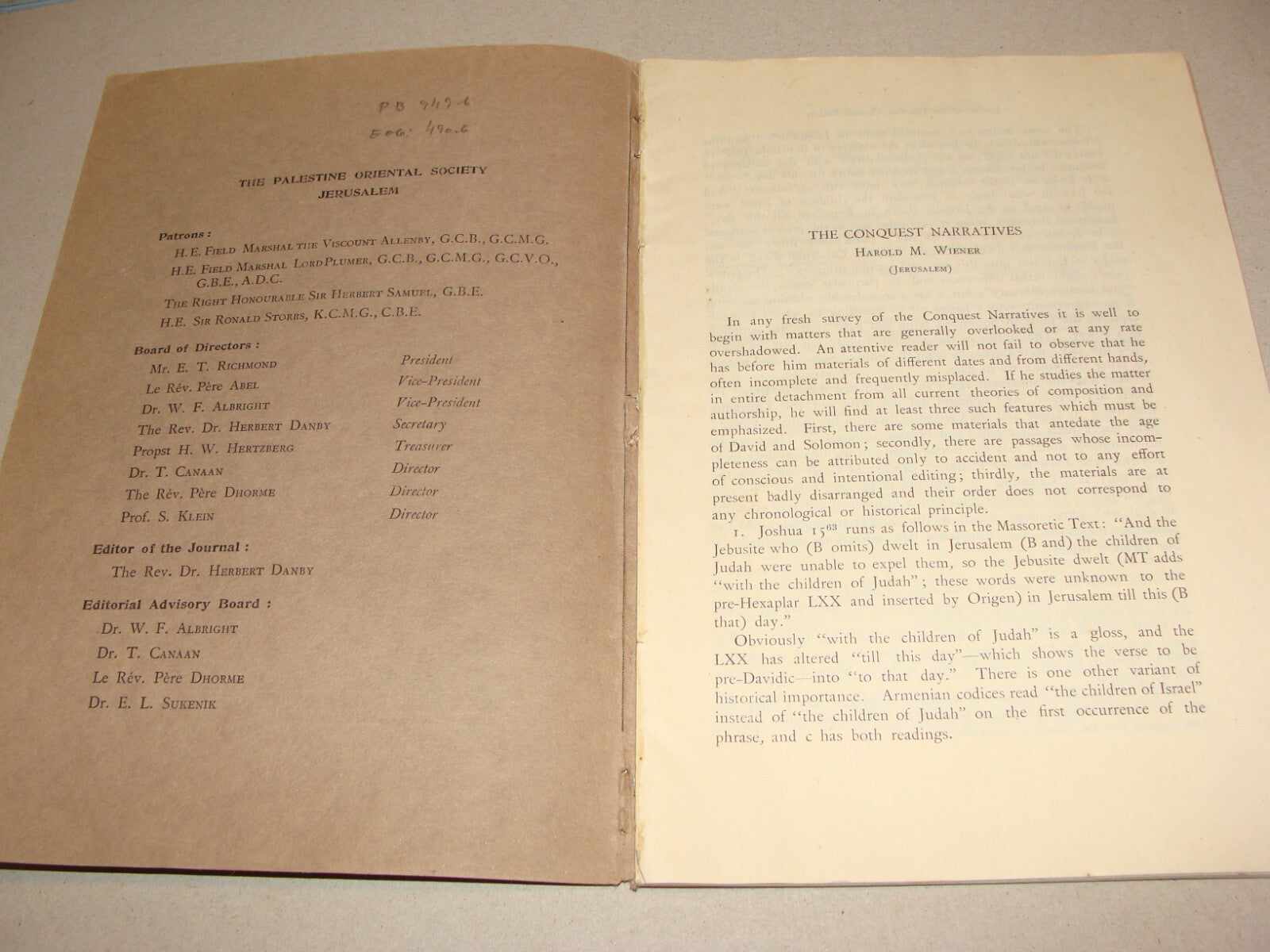 $ Journal Palestine 1929 Israel Oriental Society x2 Jewish Judaica