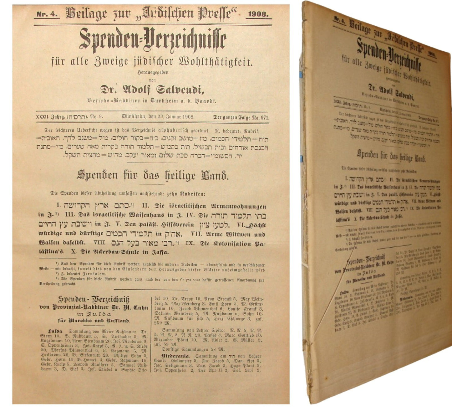 Germany Newspaper Jewish RARE Judaica German Spenden Verzeichnisse 1908 Salvendi