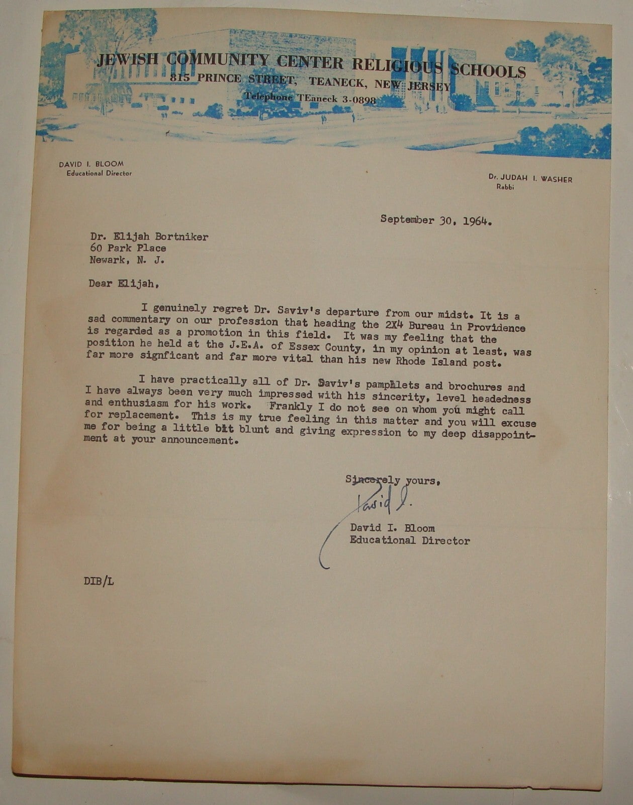 $ Letter Jewish American Judaica 1964 Religious Schools Teaneck New Jersey Bloom