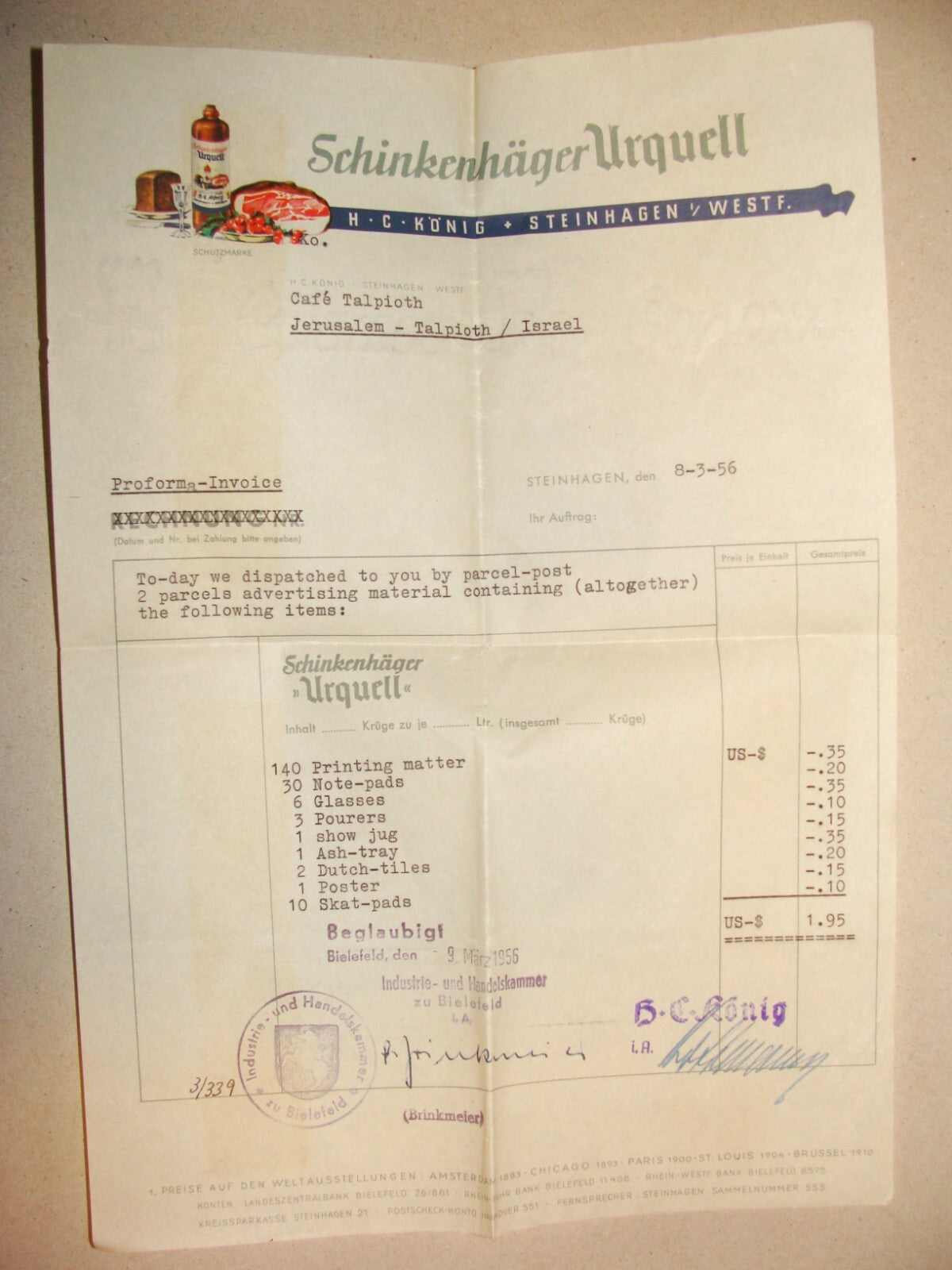 Germany 1956 German   Schinkenhager Urquell Letter Letterhead Food Company