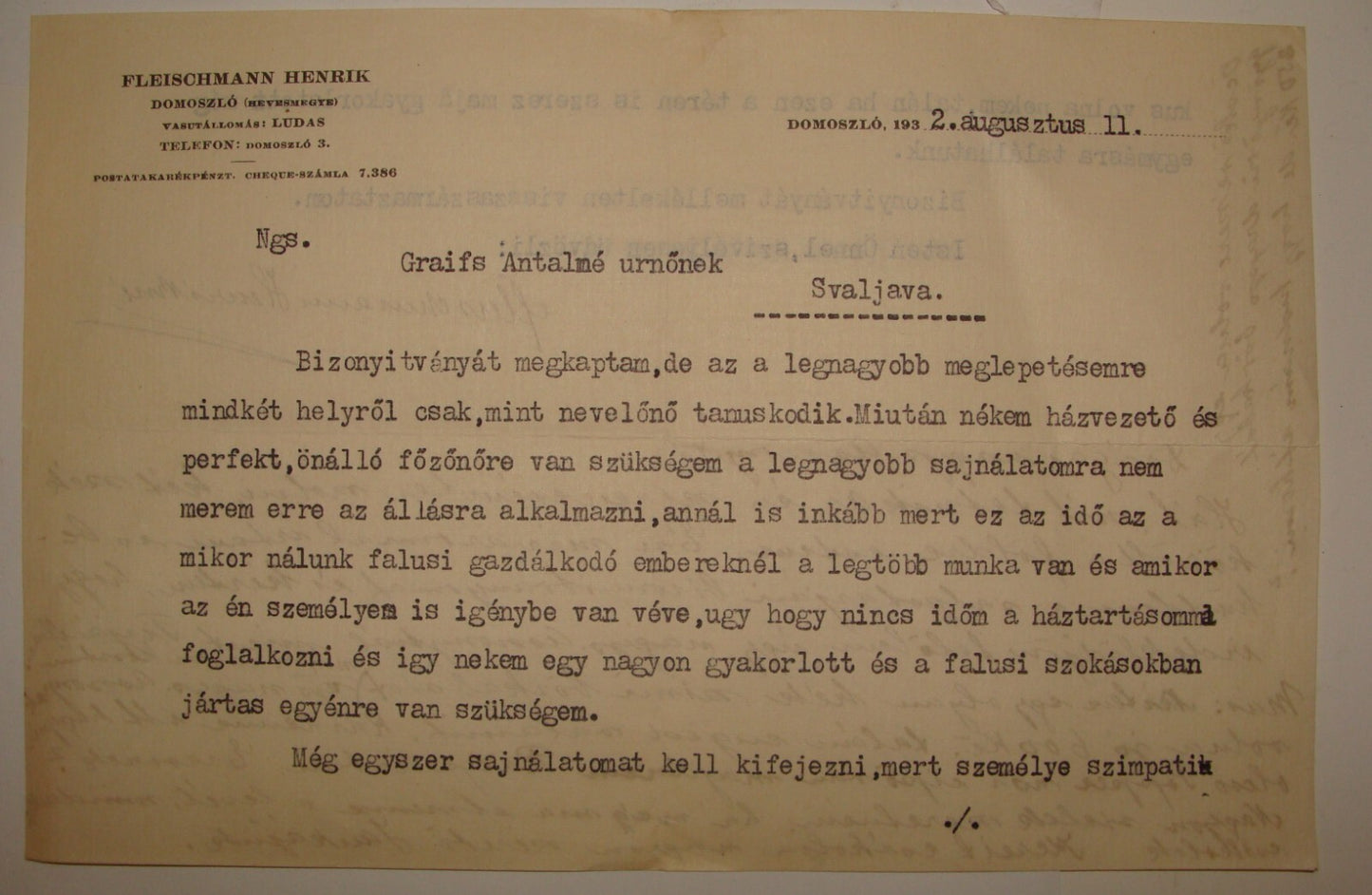 Letter Jewish Judaica 1932 Hungary Domoszlo HENRIK FLEISCHMANN Jews