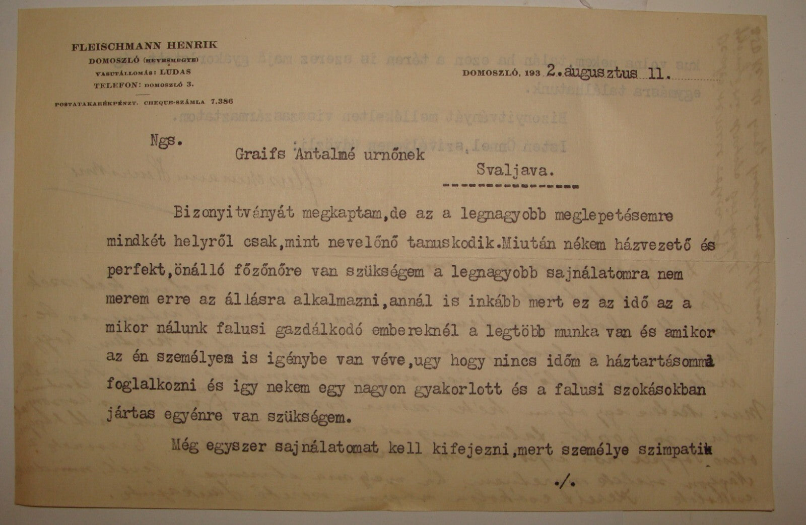 Letter Jewish Judaica 1932 Hungary Domoszlo HENRIK FLEISCHMANN Jews