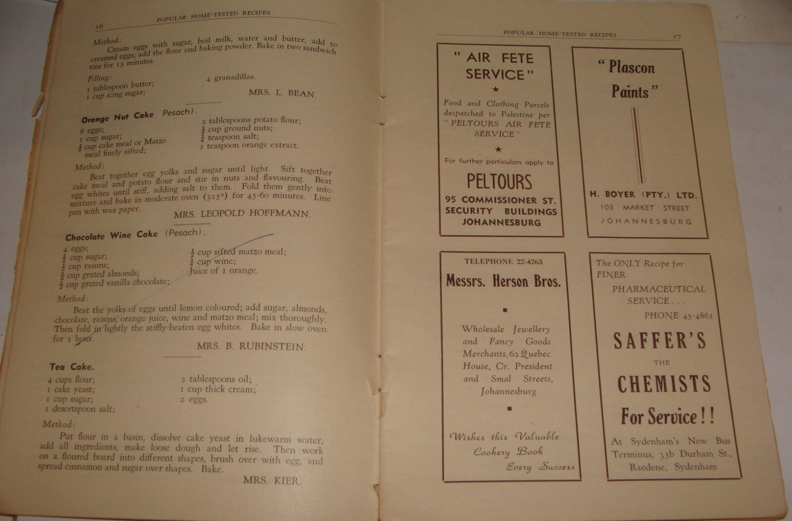 Book Jewish Judaica 1948 POPULAR HOME TESTED RECIPES South Africa Ladies Zionist