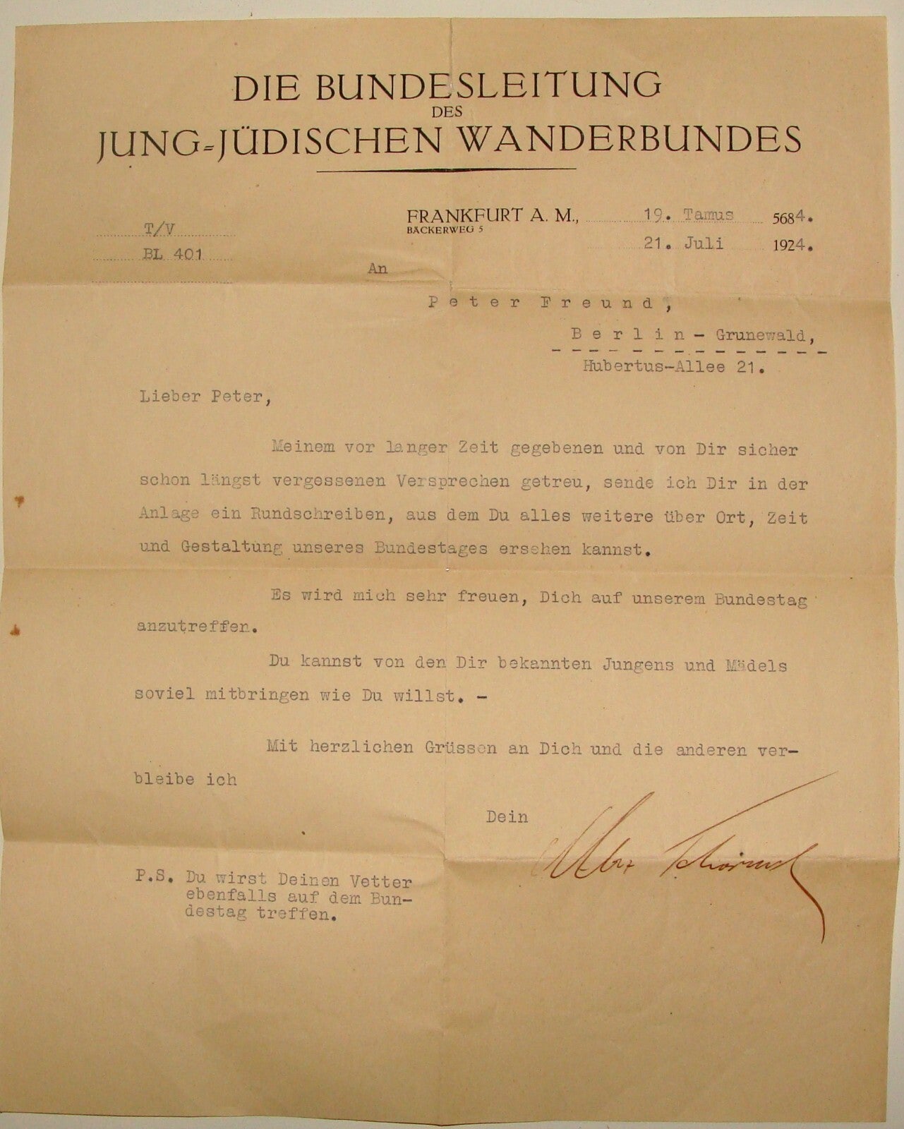 Germany Letter Jewish Judaica German   Frankfurt Young Wanderbund Zionist 1924