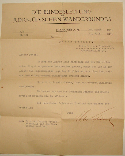 Germany Letter Jewish Judaica German   Frankfurt Young Wanderbund Zionist 1924