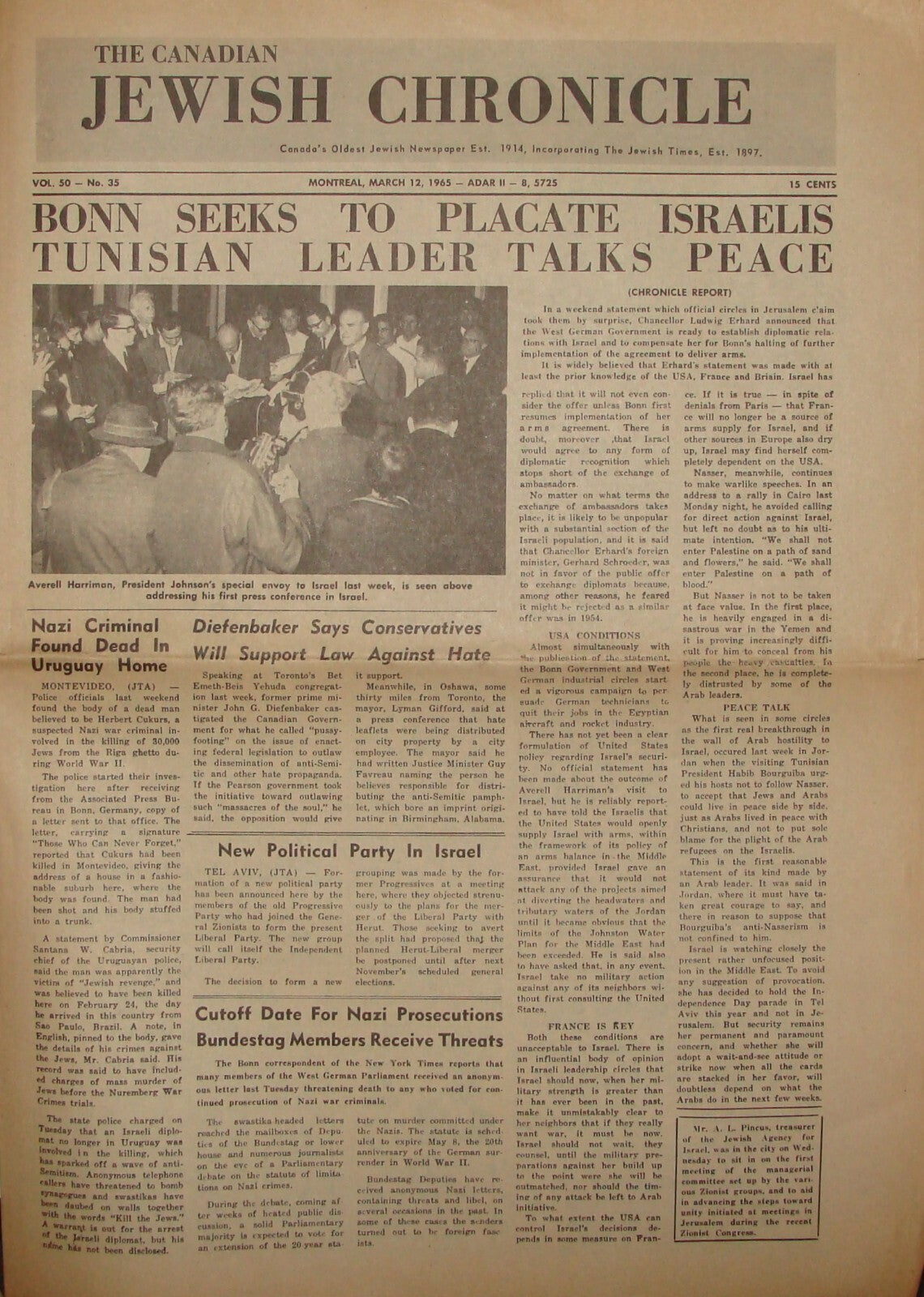 Newspaper Jewish Judaica CANADIAN CHRONICLE Canada 1965