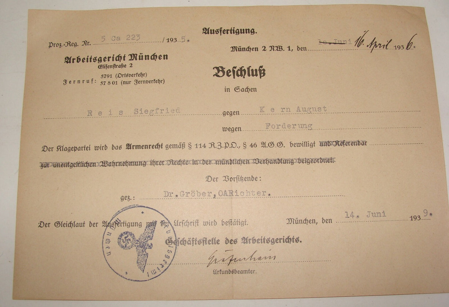 Germany Stamp Jewish Judaica WW2 1939   Germany Munich Court Certificate Reich