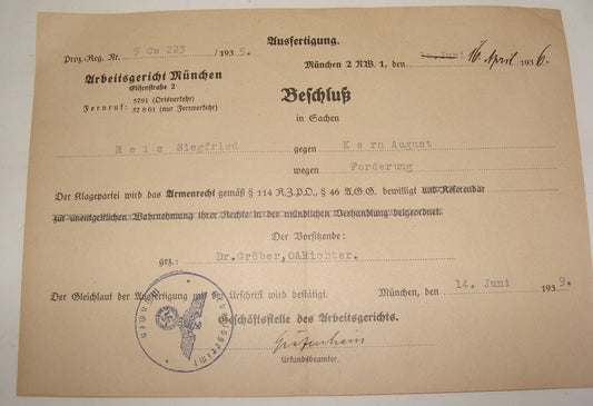 Germany Stamp Jewish Judaica WW2 1939   Germany Munich Court Certificate Reich