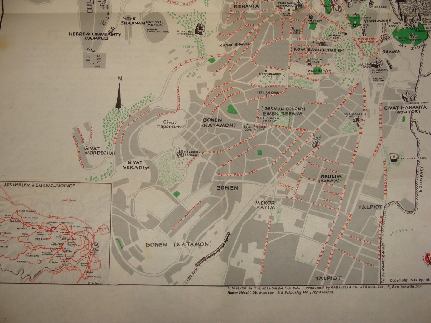 Map Jewish Judaica 1961 Israel JERUSALEM Pictorial Pre Six Day War YMCA Guide