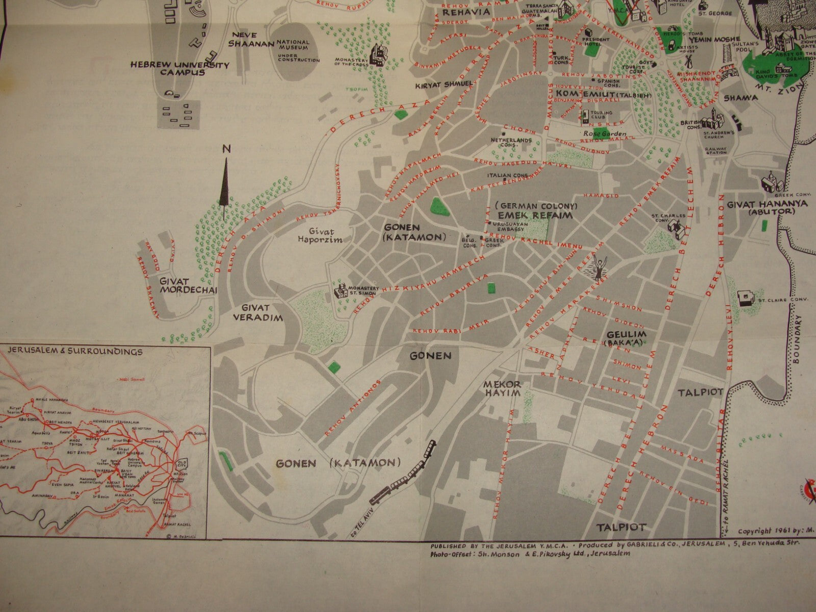 Map Jewish Judaica 1961 Israel JERUSALEM Pictorial Pre Six Day War YMCA Guide