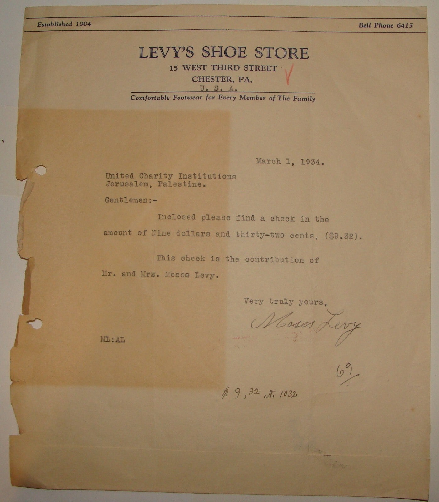Jewish American Judaica 1934 United States LEVY SHOE STORE Chester Pennsylvania