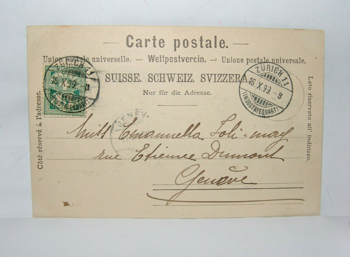Swiss Switzerland Helveta Zurich to Geneva postcard post postal stamps 1899