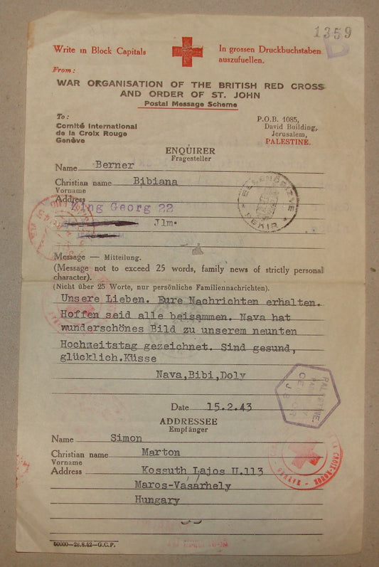 Jewish Judaica 1943 WWII Red Cross Letter Palestine Israel Hungary BERNER