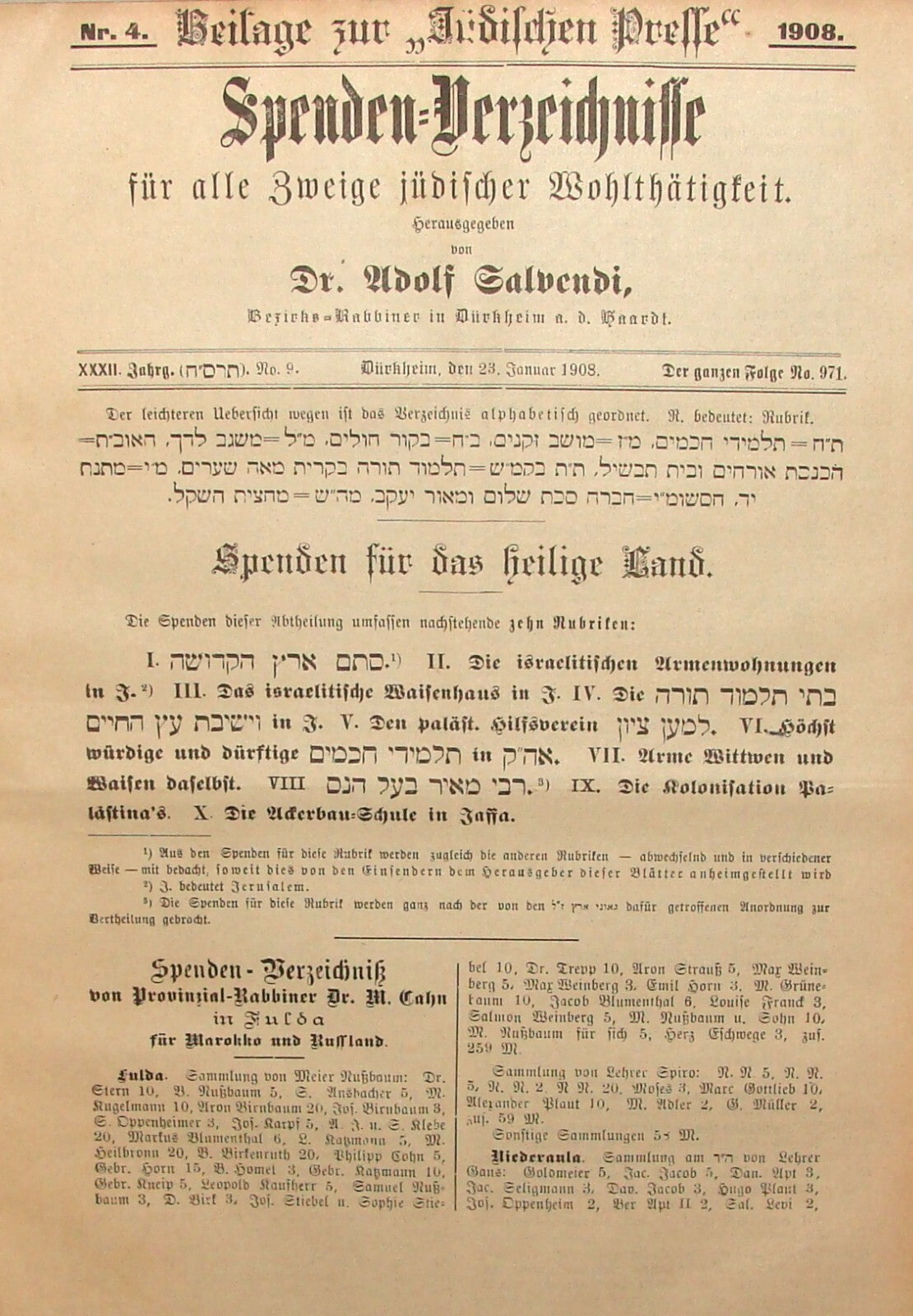 Germany Newspaper Jewish RARE Judaica German Spenden Verzeichnisse 1908 Salvendi