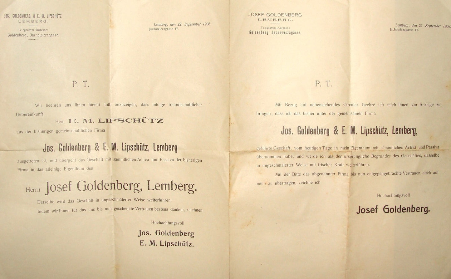 Germany Jewish Judaica 1908 German   Ukraine Lemberg JOSEF GOLDENBERG LIPSCHUTZ