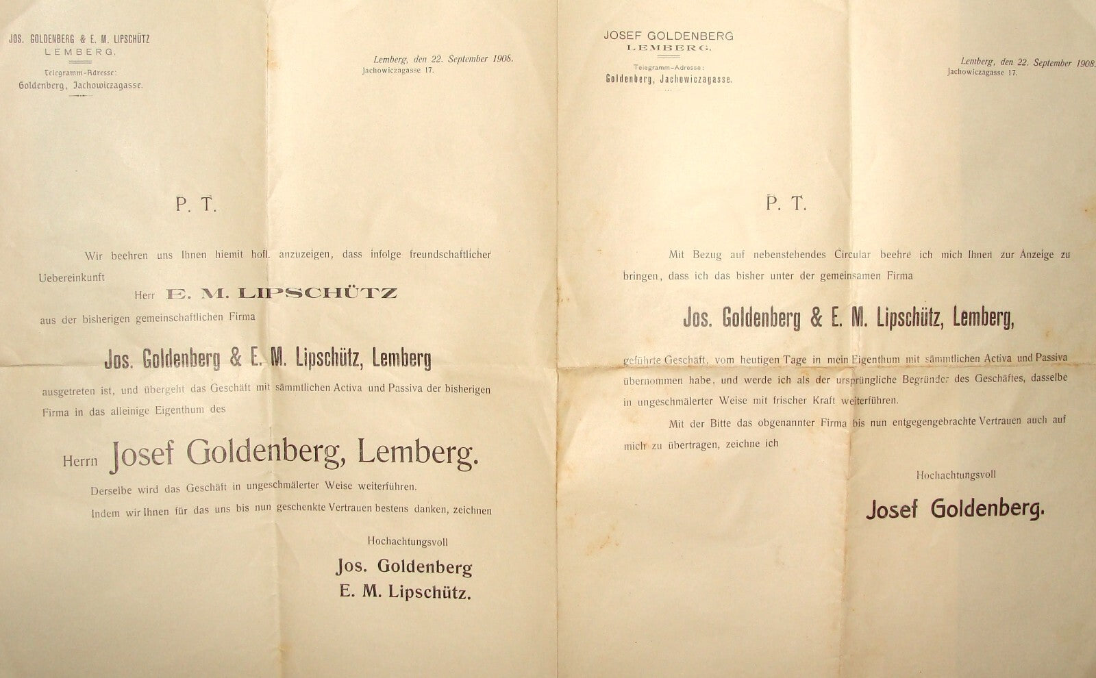 Germany Jewish Judaica 1908 German   Ukraine Lemberg JOSEF GOLDENBERG LIPSCHUTZ