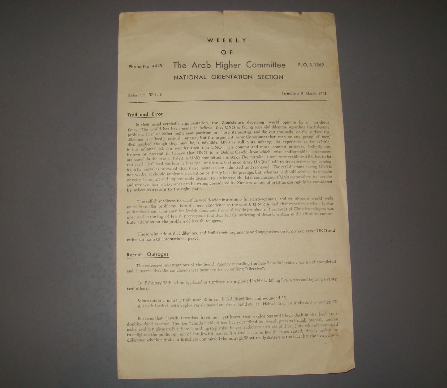 Letter Palestine Israel Mandate Weekly of The Arab Higher Committee 1948 War