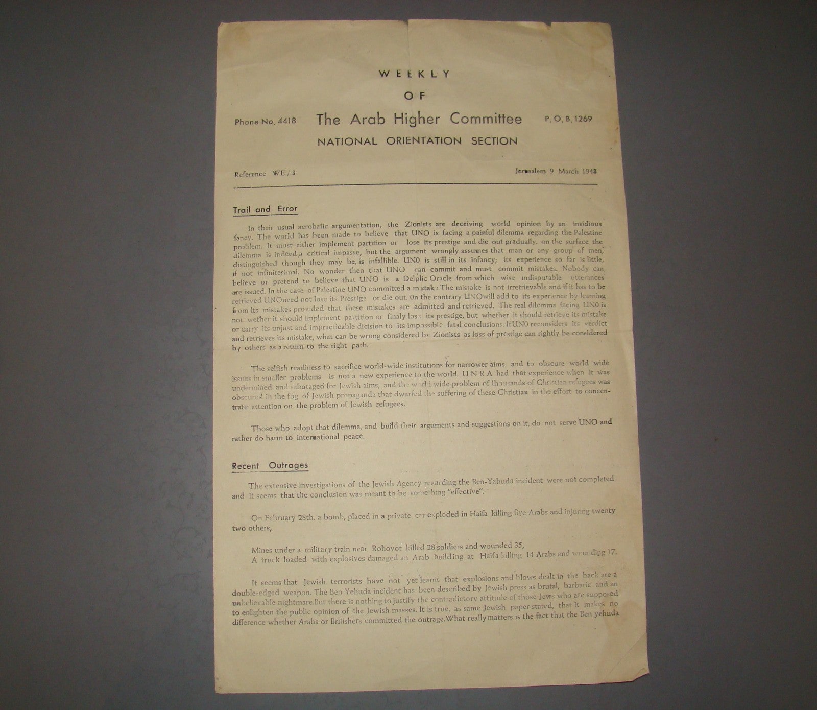 Letter Palestine Israel Mandate Weekly of The Arab Higher Committee 1948 War