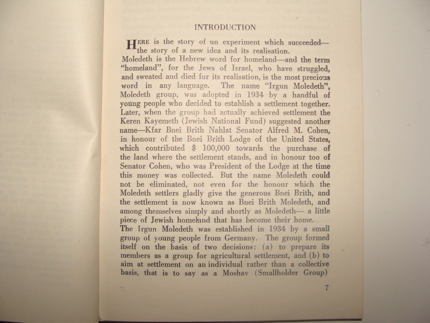 Book Jewish Judaica 1949 Moshav Moledet Bnei Brith Feitelberg Zionist Settlement
