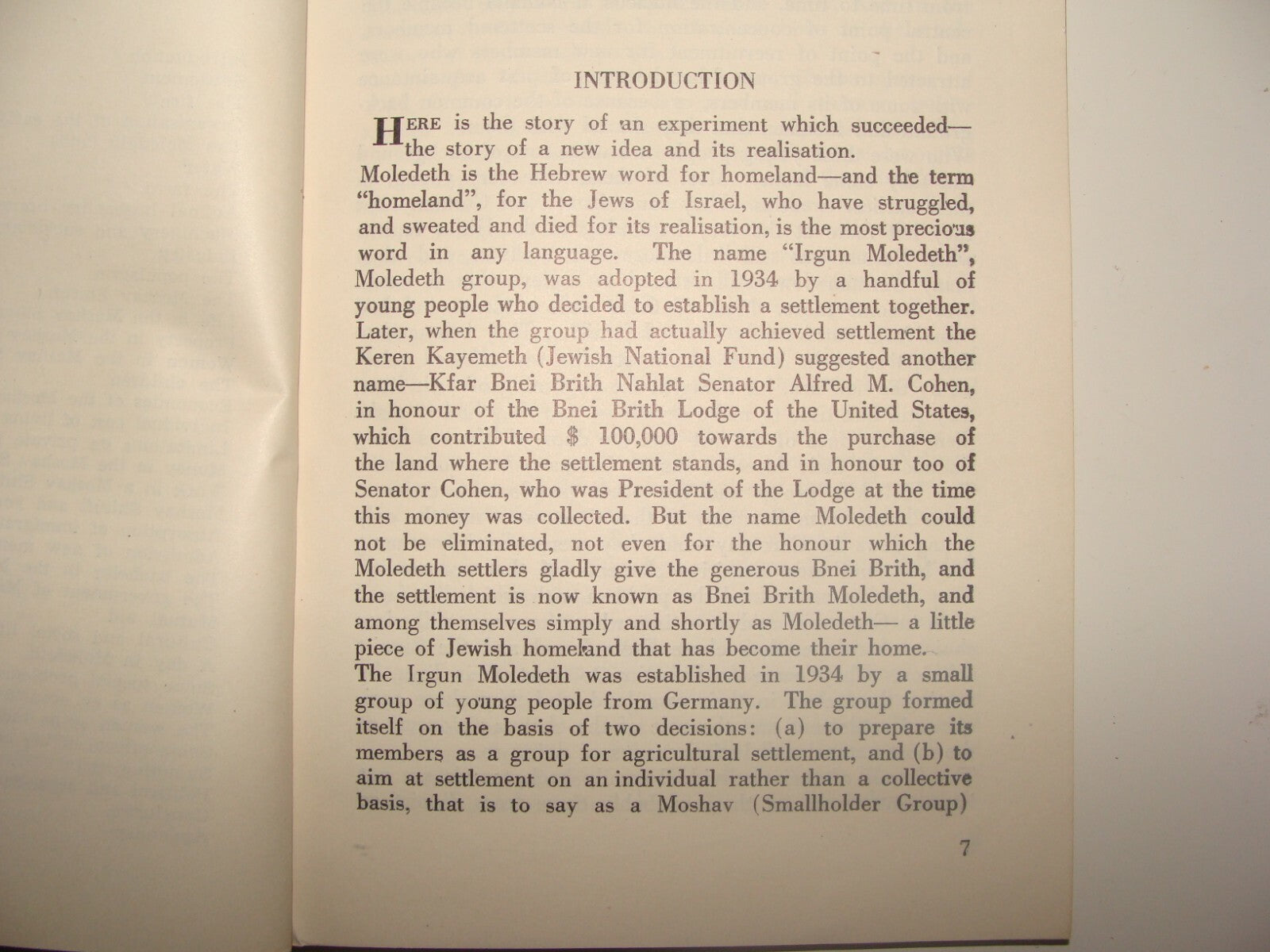 Book Jewish Judaica 1949 Moshav Moledet Bnei Brith Feitelberg Zionist Settlement