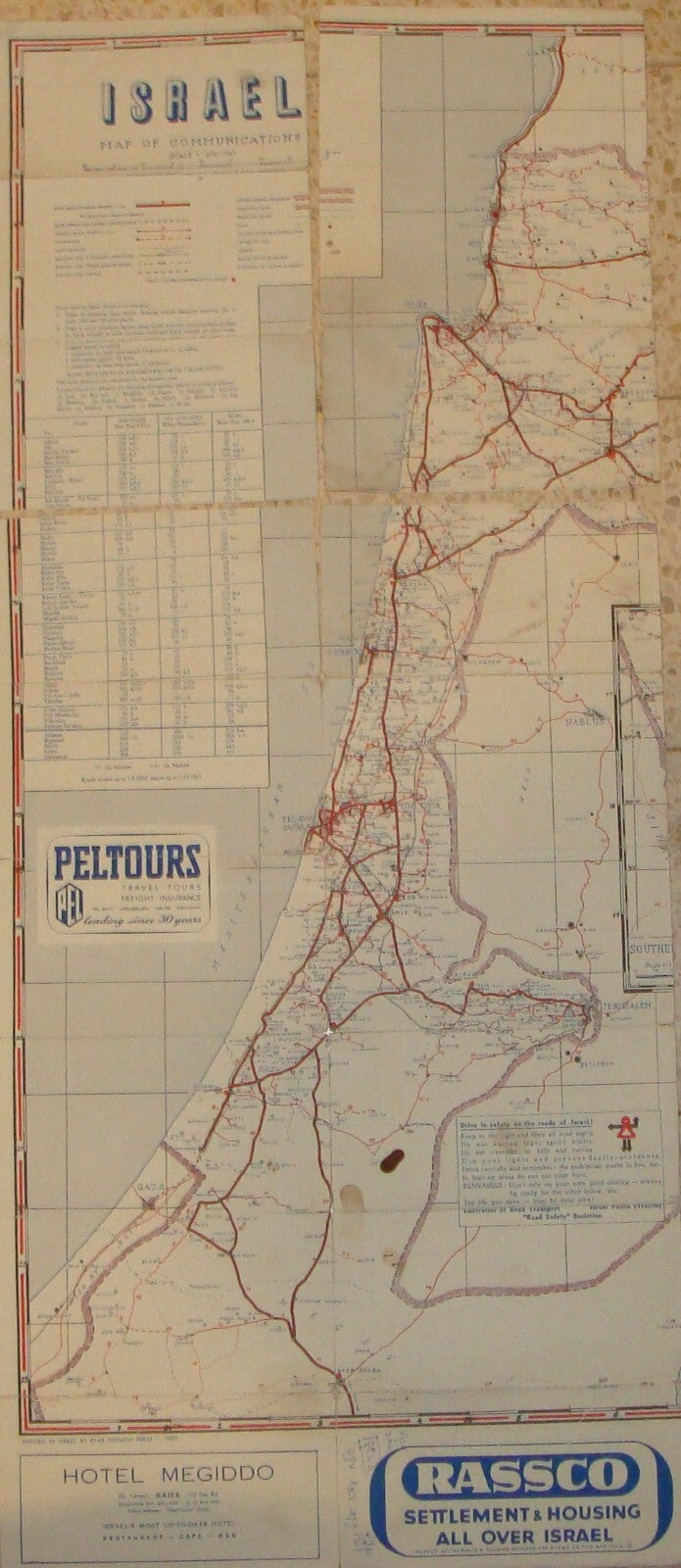 1952 ISRAEL Israeli PELTOURS Map of Communications *TORN