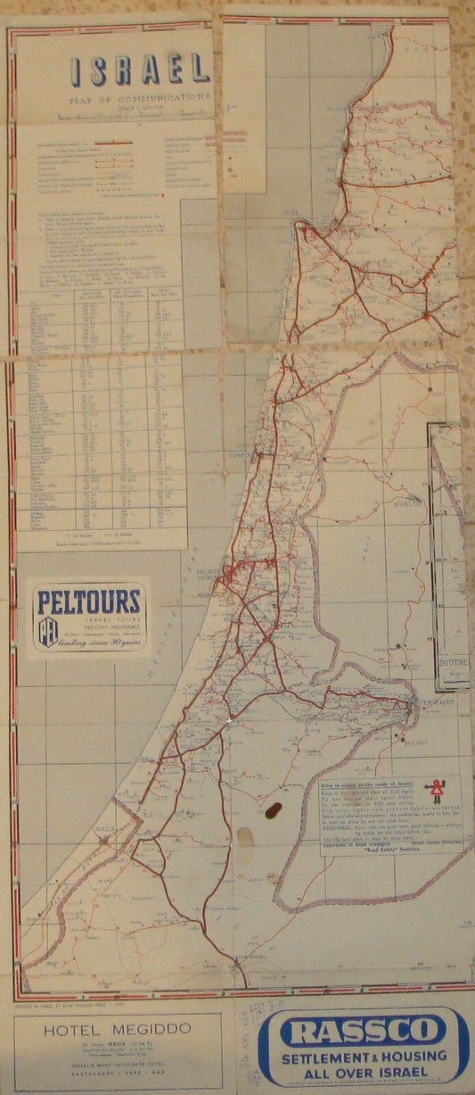 1952 ISRAEL Israeli PELTOURS Map of Communications *TORN