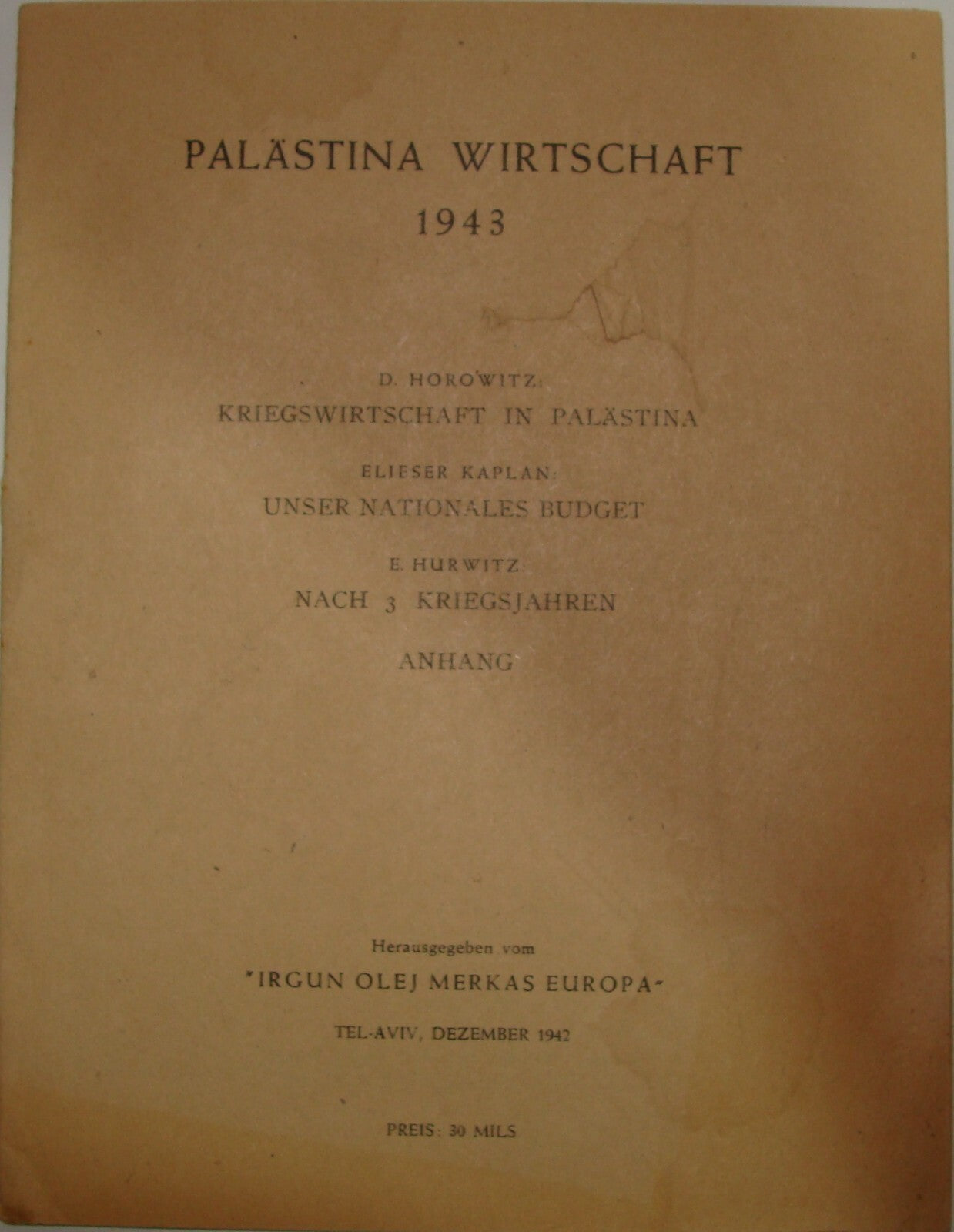 Booklet Palestine 1942 PALASTINA WIRTSCHAFT Israel WW2 Europe Immigrants Zionist