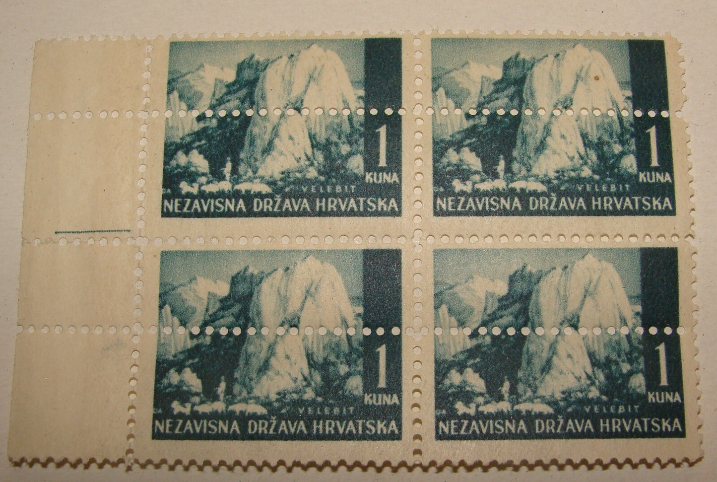 CROATIA 1941 WWII 1 Kuna LANDSCAPES'perforation variety MI 50 Stamp Block Unused