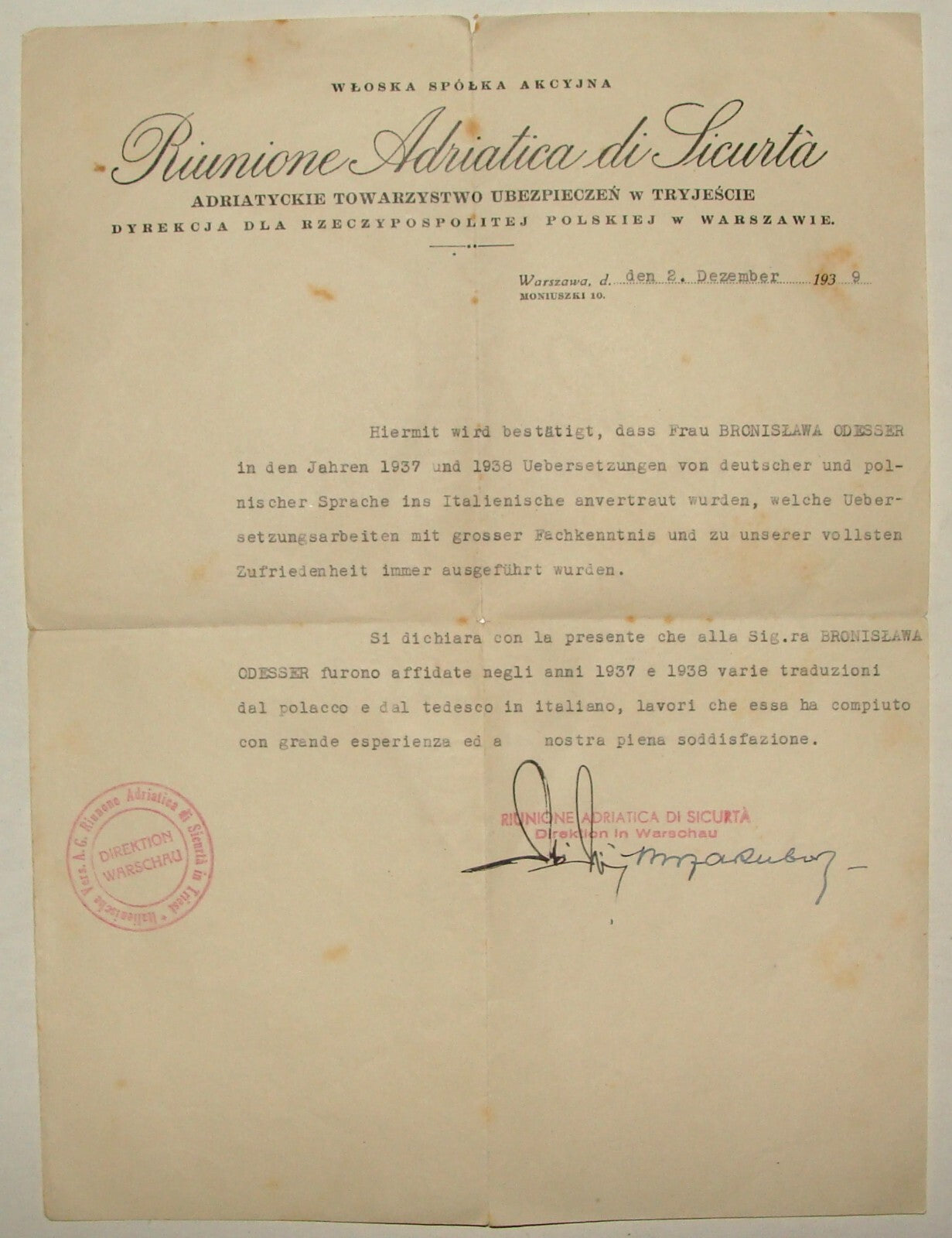 Riunione Adriatica di Sicurta Italy Poland Warsaw 1939 Letter Insurance Company