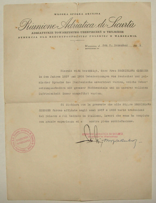 Riunione Adriatica di Sicurta Italy Poland Warsaw 1939 Letter Insurance Company