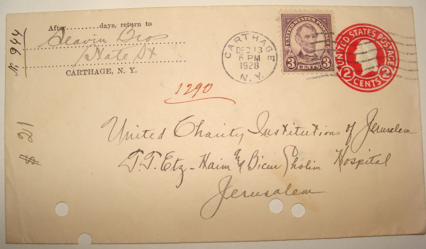 Stamp Palestine 1928 United States Carthage To Jerusalem Cover Lebanon Beyrouth