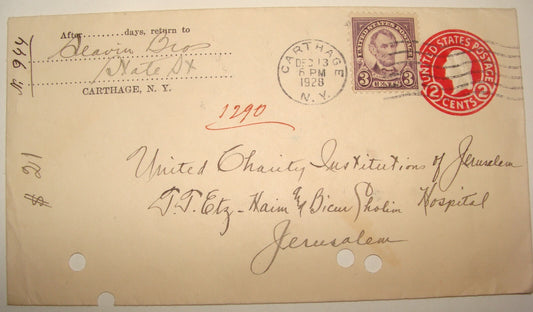Stamp Palestine 1928 United States Carthage To Jerusalem Cover Lebanon Beyrouth