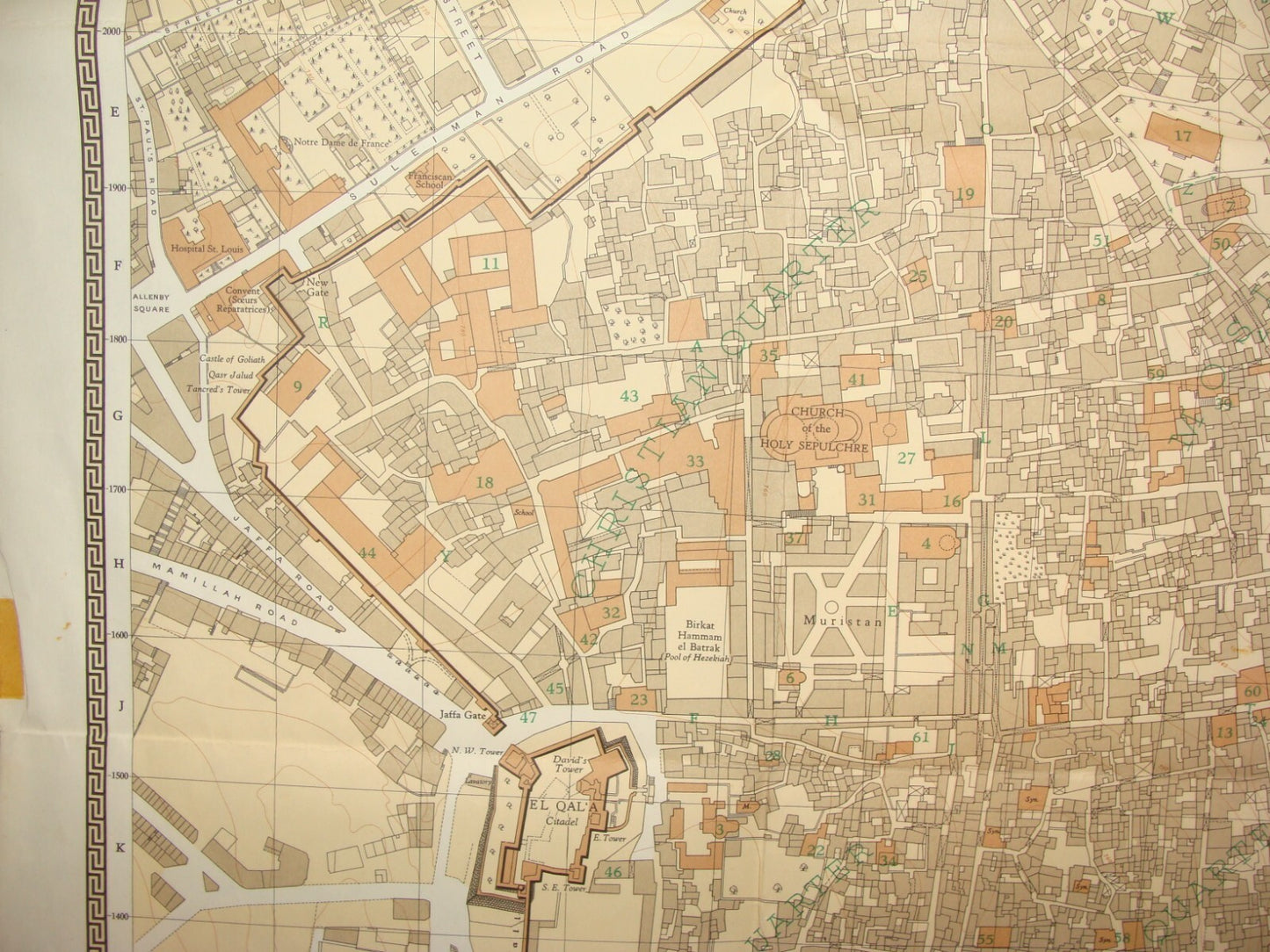 Map Jewish RARE Judaica Israel 1947 JERUSALEM Old City F .J. SALMON Print 1966